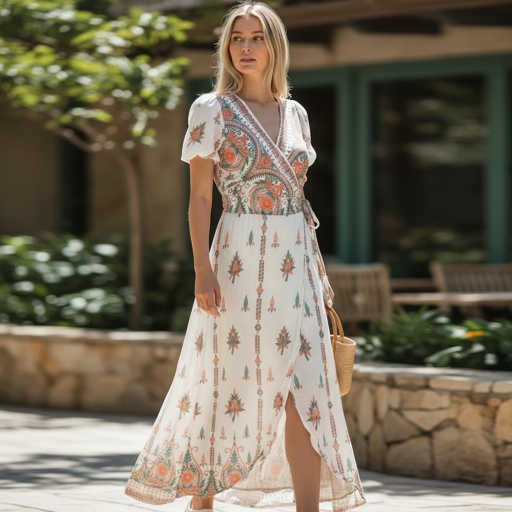 Lapogee Womens Paisley Floral Boho Maxi Dress Orange Teal White Size M